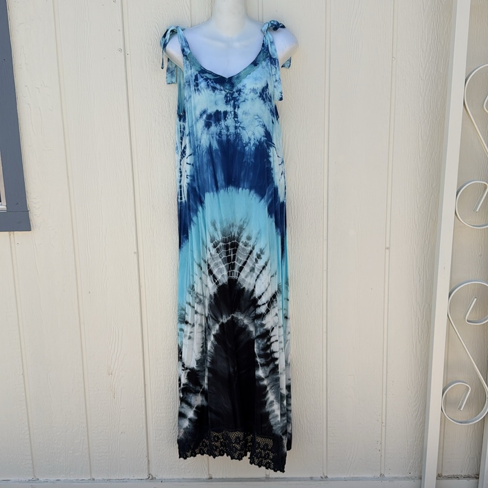 Boho Daze Women’s Sz M Blue Tie-Dye Hippie Maxi Dress Adjustable Tie Straps Lace